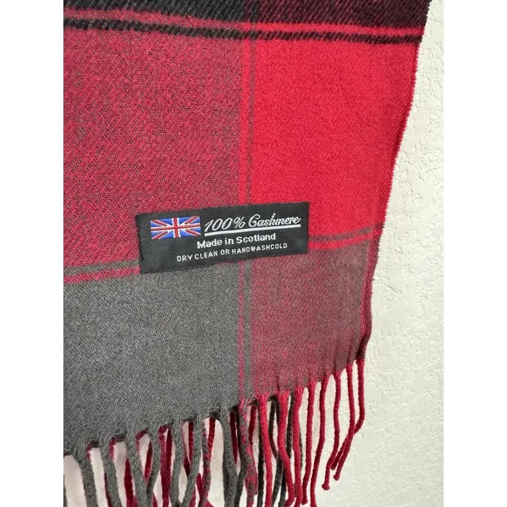 100% Cashmere Scarf Scotland Unisex Red Gray Tartan Check Fringe Soft Luxury EUC